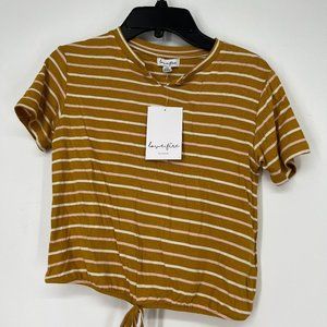 Love, Fire Girl's Stripe Tie Front Cropped Tshirt Shirt Mustard Yellow Small NWT